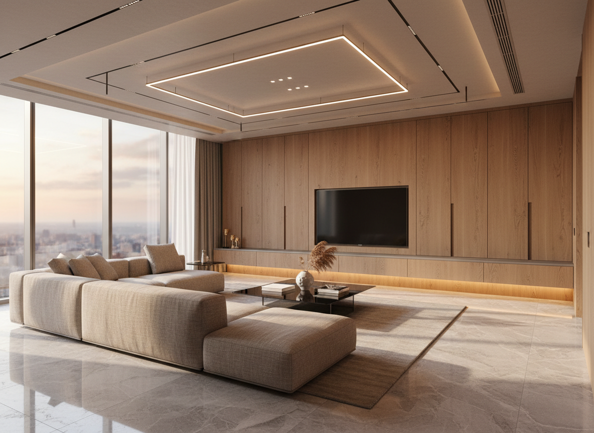 A luxurious contemporary living room interior designed by a premium construction firm, featuring a seamless blend of Italian marble flooring, warm oak wall paneling, and a suspended false ceiling with recessed LED strips. A large, low-profile modular sofa in muted beige fabric surrounds a sleek black glass coffee table, while a built-in TV wall with concealed storage showcases flawless joinery. Floor-to-ceiling windows reveal a softly blurred cityscape. Golden hour natural light combines with warm cove lighting, creating gentle highlights on the polished surfaces. Photographed at eye level with sharp focus and slight wide-angle depth, the mood is sophisticated, serene, and aspirational, embodying high-end residential interiors in photographic realism with a clean, modern aesthetic suitable for a leading interior design company homepage.